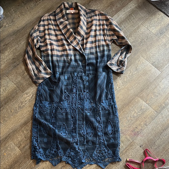 Free People Plaid and Lace Coat in Brown and Blue Excellent Condition - Picture 7 of 8